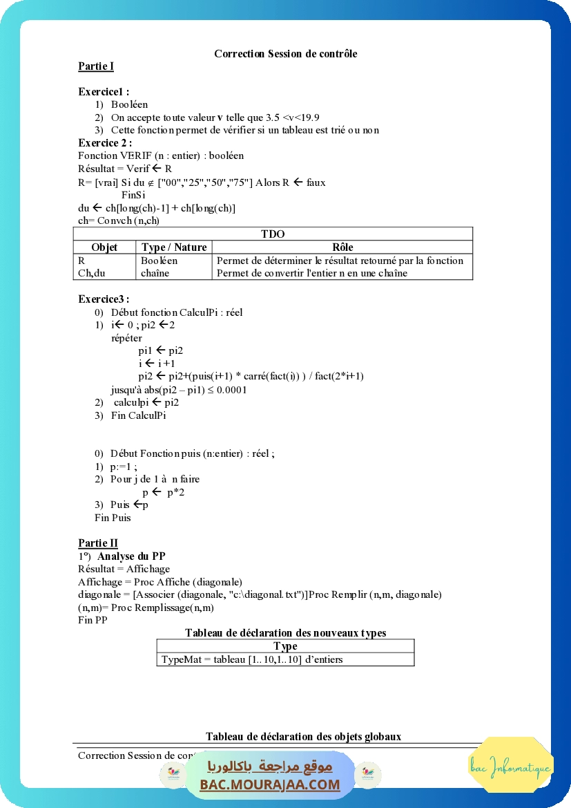 Corrigé controle algorithme Bac 2010 – Section info